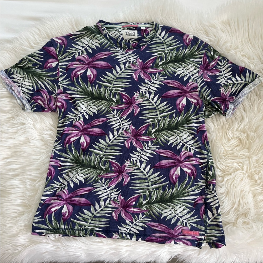 Scotch & Soda Men's Purple Palm-Print Crewneck Short Sleeve T-Shirt Size XL